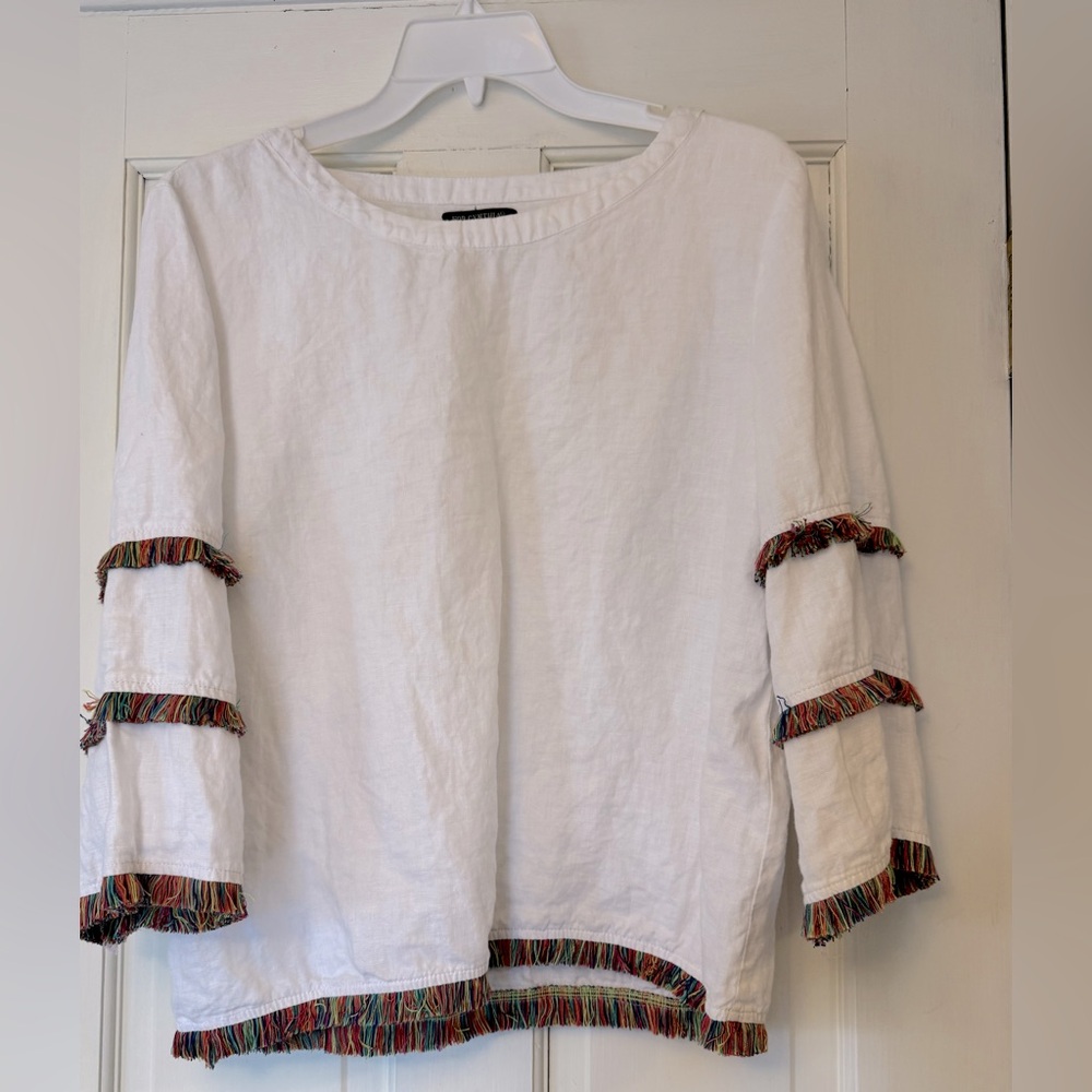 For Cynthia White Blouse Classic Linen Top With Colorful Fringe‎